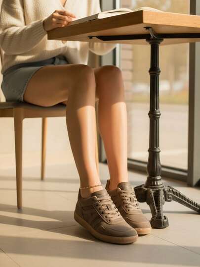Zapatos casuales de mujer con parches en tonos neutros, zapatillas deportivas retro con suela de goma para uso diario