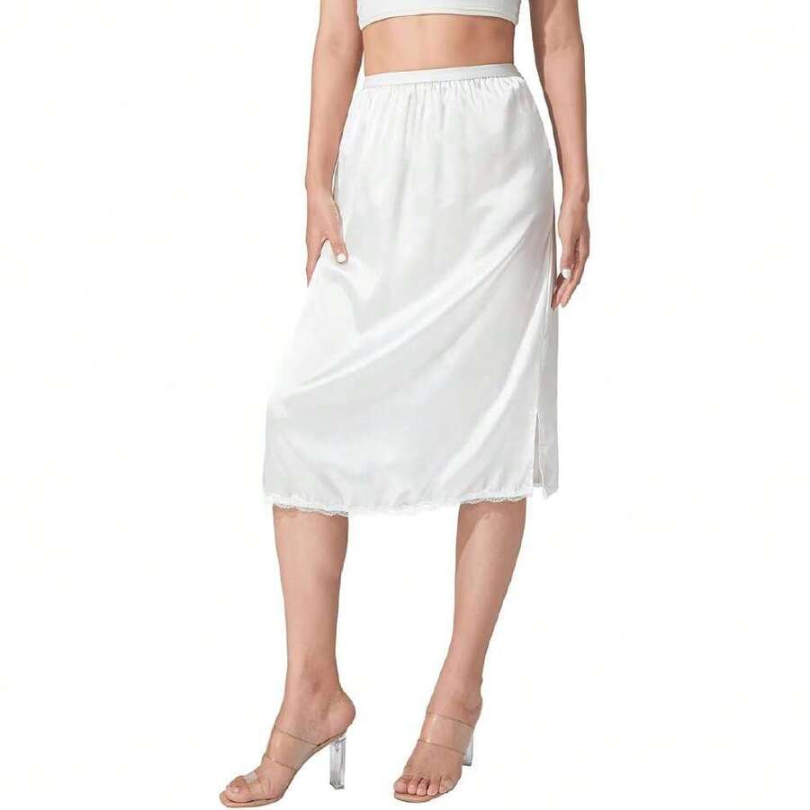 Women Satin Half Slip Underskirt Solid Lace Trim Elastic Waist Inner Lining Short/Long Underskirt Long Skirts,35624624 - 淺藍色 - 查看 1