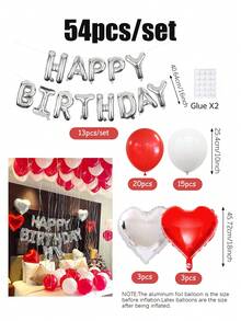 54件套红色生日快乐字母气球套装，包含红色和白色乳胶气球、18英寸心形银色“Happy”字母铝箔气球，适用于生日派对、浪漫派对、情人节、周年纪念日、派对装饰。 - 彩色 - 查看 2