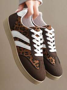 1 Pair Girls' Soft Sole Non-Slip Casual Fashion Lace-Up Sneakers, Leopard Print Breathable Comfortable Versatile Skate Shoes, Suitable For All Seasons - Brown - View 10