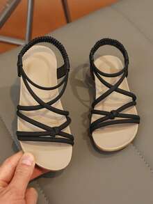 1 Pair Retro Open Toe Sandals For Kids, Summer New Fashion Breathable Slip-On Beach Shoes, Soft Bottom Anti-Slip - Black - View 12