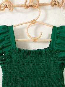 Tween Girls' Solid Color Shirred Floral Ruffle Hem Casual Dress - Green - View 5