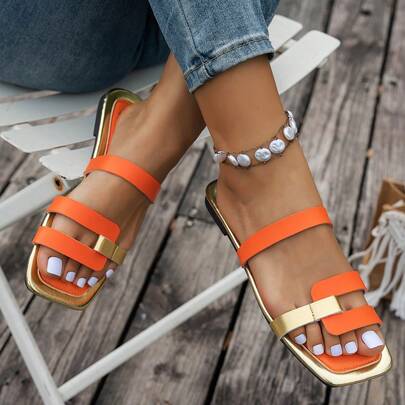 Women's New Summer Flat Sandals, Fashionable & Versatile Square Toe Sandals, Comfortable Orange Beach Slippers