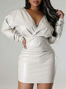 Women's Sexy PU Leather V-Neck Bodycon Mini Dress - Slim Fit, Perfect For Daily Outings, Office & Date Nights - 白色 - 查看 2