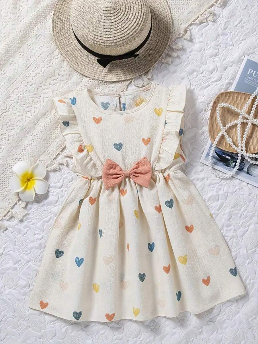Girls' Cute & Playful Heart Pattern Dress, Suitable For Outdoor Wear, Sweet And Adorable - Apricot - View 1