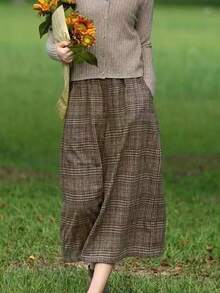 Casual Pantalones Plaid Nine Legged Pantalones Wide Legged Pantalones Pretty Pantalones anchos con cintura elástica de mezcla de lana estilo coreano para primavera, verano, otoño e invierno. Pantalones holgados informales para mujer. Pantalones cortos a cuadros. Pantalones anchos. Pantalones cortos holgados. Pantalones cálidos de mezcla de lana para otoño e invierno. - Café integral - Ver 6