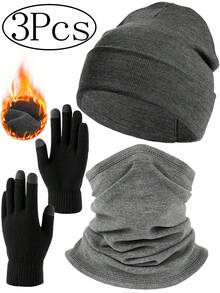 3Pcs Unisex Fashionable And Simple Knitted Cap, Woolen Cap, Bean Cap, Beni Cap, Knitted Gloves, Warm Face Mask, Autumn And Winter Head Cover, Suitable For Daily Use In Autumn And Winter, As Well As Outdoor Sports Such As Hiking, Mountain Climbing, Skiing And Cycling Winter Gear