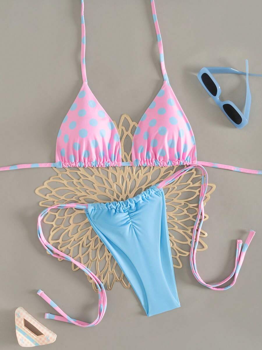 波点可爱系带露背比基尼套装，度假沙滩装 - 彩色 - 查看 1