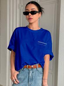 T Shirt Camiseta Estampa Perseverance Letras Preseverança Blusa Minimalista Despojada Moderna Sofisticada Simples Básica Verão Oversized - Azul Royal - Visão 2