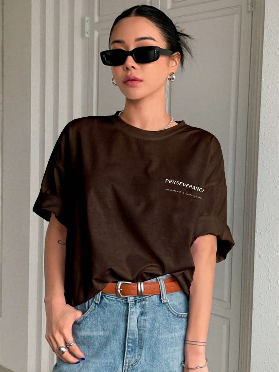 T-Shirt With "Perseverance" Print Lettering. Minimalist, Casual, Modern, Sophisticated, Simple, Basic, Summer, Oversized. - Rust Brown - View 1