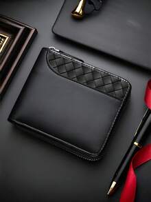 男士奢华仿皮钱包，压纹顶部，光滑黑色仿皮主体，拉链封口，多个卡槽，大容量，缝线设计——送给父亲、丈夫或兄弟的完美礼物 - 彩色 - 查看 3