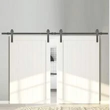 Kit de herrajes para puerta corrediza de granero, kit de puerta de granero de 11 pies, kit de herrajes para puerta de granero doble con soporte de carga de 330 libras, riel para puerta de granero de acero al carbono, puerta maldita para 1.37-1.77" de espesor y panel de puerta de 5.5 pies de ancho - Gris Oscuro - Ver 1