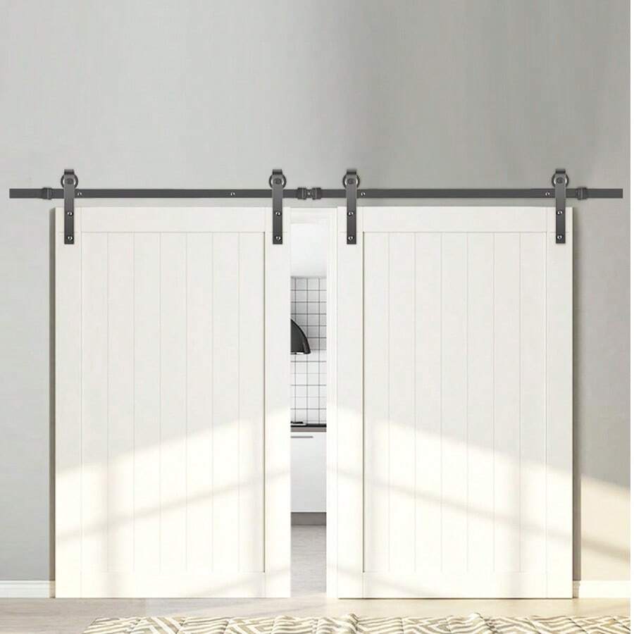 Kit de herrajes para puerta corrediza de granero, kit de puerta de granero de 11 pies, kit de herrajes para puerta de granero doble con soporte de carga de 330 libras, riel para puerta de granero de acero al carbono, puerta maldita para 1.37-1.77" de espesor y panel de puerta de 5.5 pies de ancho - Gris Oscuro - Ver 1