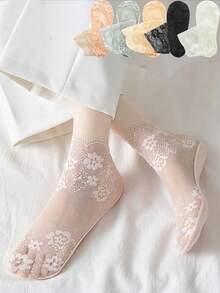 5 Pairs High Quality Fashion Women's Lace Sheer Socks, Floral Pattern, Thin Ankle Socks For Summer - Multicolor - View 2