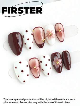 10 pièces Faux ongles courts en amande faits à la main, fournitures pour ongles, ongles marrons, ongles simples pour tous les jours, ongles à presser pour l'hiver, ongles brillants, ongles à pois, ongles sculptés en 3D, ongles acryliques à presser, pour les femmes et les filles pour les vacances ou le port quotidien