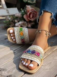 WRCVS Chinelos Planos Bordados Brancos Femininos, Sandálias Estampadas em Estilo Boêmio para Festa, Férias, Uso Externo