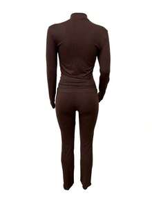 Autumn/Winter European And American Style Women's Fashion Zip-Up Cardigan, Fitted Top And Loose Wide-Leg Pants Set - màu nâu - Xem 3