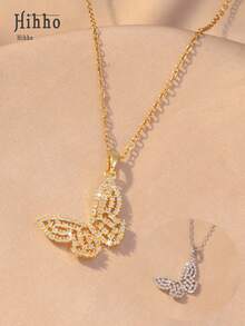 Hihho قلادة فراشة مجوفة من الزركونيا المكعبة، بتصميم أنيق، متوفرة باللونين الذهبي والفضي، تتميز بتصميم محدد للفراشة المجوفة مع تطعيمات كثيفة من الزركونيا المكعبة، إحساس خفيف رومانسي وجودة لامعة فاخرة، مناسبة للارتداء اليومي، المواعيد، المناسبات العادية - فراشة - مشاهدة 1