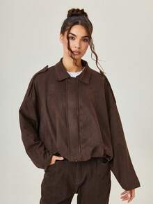 KATCH ME Women's Vintage Oversized Solid Color Suede Cropped Bomber Jacket, Winter Clothes Fashion Outfits - Coffee - View 6