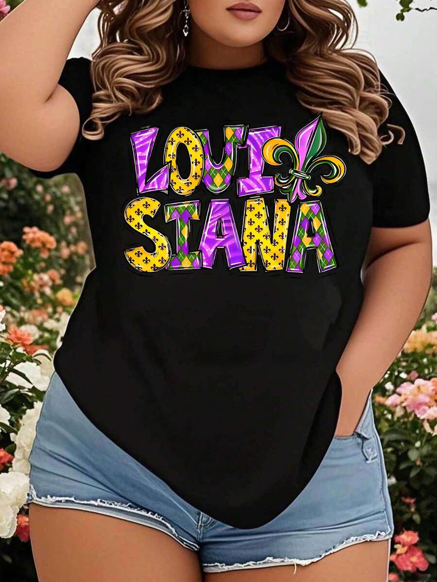 Louisiana Mardi Gras Fleur De Lis T Shirt Women Plus Size Casual Summer Top Festive Party Wear Colorful Graphic Tee For Carnival Celebration - màu đen - Xem 1