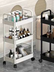 1pc 3-Tier Large Capacity Plastic Bathroom Storage Cart With Movable Mesh Basket, Simple & Fresh Pure White 3-Layer Square Design With Swivel Casters & Handles, Suitable For Bathroom Organization Bathroom Accessories - Multicolor - View 3