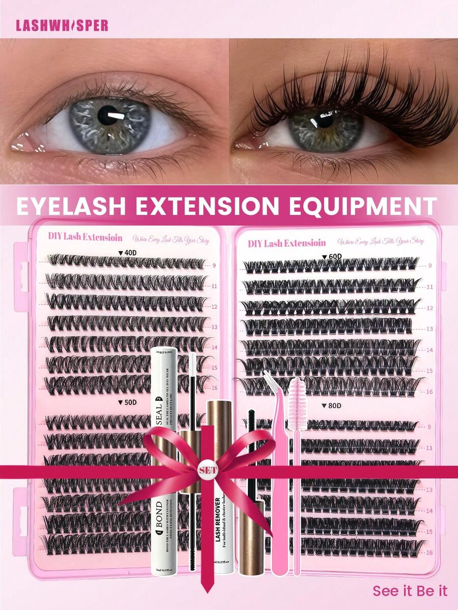DIY Eyelash Extension Kit, Includes Adhesive, Remover, Tweezers And Brush, 280/560/600 Pcs Mixed Length 9-16mm D Curl Cluster False Eyelashes, Natural & Lightweight Reusable Individual Lashes - Multicolor - View 1