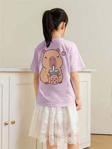 Tween Girls' Casual Purple Graphic Print Crew Neck Short Sleeve T-Shirt, Summer Top - Mauve Purple - View 2