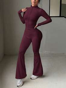 Conjunto de 2 piezas para mujer Aoqta, top con cremallera de manga larga de unicolor y pantalones ajustados de cintura alta, adecuado para actividades al aire libre, correr y yoga - Burdeos - Ver 6