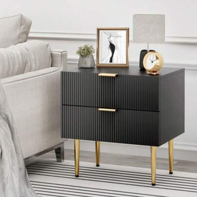 Schwarzer Nachttisch Mit Wellenmuster Und 2 Schubladen, Schlafzimmer-Nachttisch, Moderner Nachttisch Mit Metallbeinen, 1 Stück