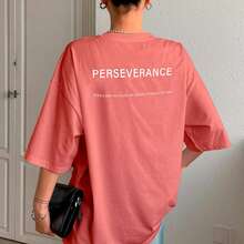T-Shirt With "Perseverance" Print Lettering. Minimalist, Casual, Modern, Sophisticated, Simple, Basic, Summer, Oversized. - Coral Pink - View 10