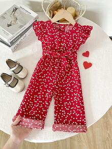 女童时尚爱心印花荷叶边下摆无袖连体裤+腰带