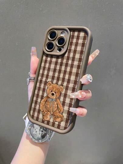 1 pieza Funda protectora de teléfono antideslizante de bambú marrón con estampado de oso a cuadros, de material TPU, que se puede regalar en días festivos, compatible con iPhone XS/XS Max/XR/11 12 13 14 15 16 Pro/Pro Max/14 15 16 Plus/17, unisex
