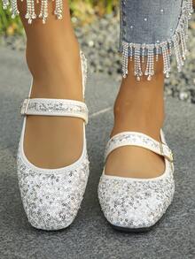 Giày bệt mũi vuông đính sequin cỡ lớn 35-43, giày lười thanh lịch dành cho nữ, thích hợp cho mùa xuân và mùa thu. - Kim sa bạc - Xem 5