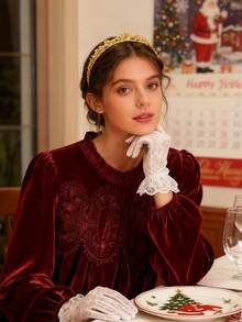 Velvet Trim Lace Blouse Women Long Sleeve Elegant Swing Top Flared Hem Round Neck Casual Blouse Tunic - 中紫紅色 - 查看 3