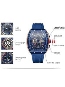 Fashionable Wine Barrel Shaped Large Dial Sports Watch With Unique Rectangular Hollow Design Quartz Watch, Equipped With Chronograph Automatic Date - Màu xanh lam - Xem 2