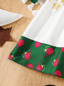 H HIBOBI 2pcs Baby Girls Ramadan Dress Set - Green/White Desert Rose Print, Gold Star Belt, Ruffle Sleeve & Hem, Matching Crossbody Bag, Eid Festival Outfit - Green - View 8