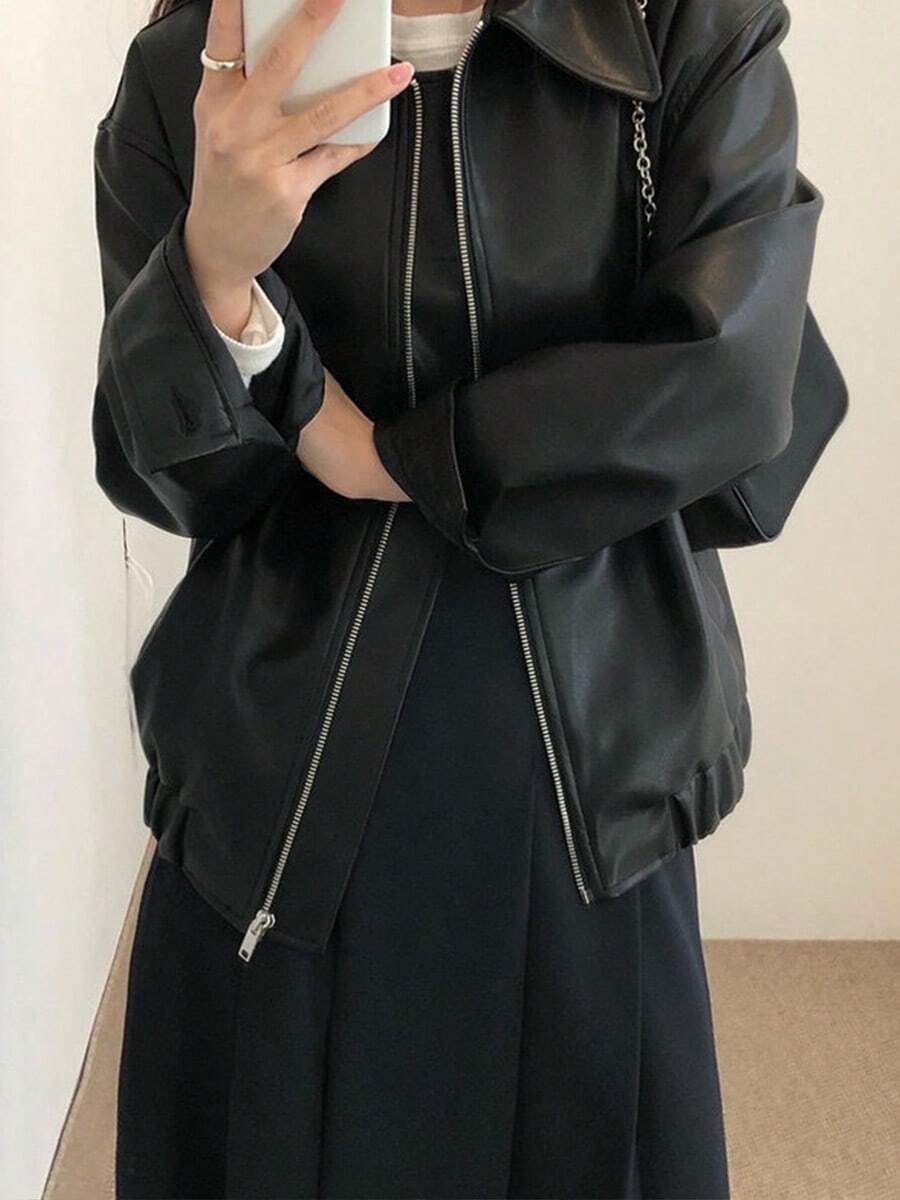 Chaqueta motera de manga larga estilo coreano holgada con diseño de cremallera en la solapa para mujer, confeccionada en piel sintética. - Negro - Ver 1