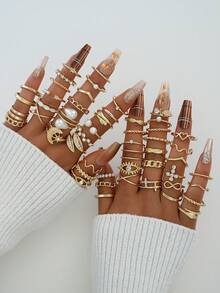 51/48pcs Simple & Fashionable Faux Pearl, Metallic, Geometric, Heart, Butterfly Stackable Ring Set, Women Couples Sisters Holiday Date Casual Party Wedding Christmas Valentine Gift For Mom Friends - Vàng - Xem 3