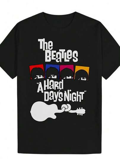 Camiseta gráfica de los Beatles "A Hard Day'S Night" para hombres - Camiseta casual negra de poliéster con diseño de banda de dibujos animados coloridos, cuello redondo, estilo de verano, ropa para fanáticos de la música |     Diseño de banda de dibujos animados |     Tela elástica