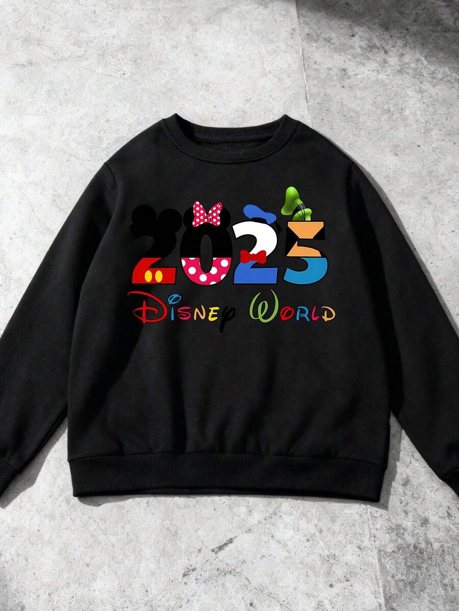 Disney 2025 Mickey Mouse Element Letter Pattern Print, Autumn And Winter Children's Round-Neck Sports Hoodie, Suitable For Boys' Daily Commuting, School, And Casual Sportswear. Long-Sleeved Tops Are Suitable For Holiday Parties, Outdoor Activities And Travels - Black - View 1