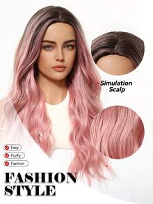 26 Inch Long Wavy Synthetic Wig, Ombre Pink To Dark Brown Roots, Middle Part, Heat Resistant, Suitable For Party, Halloween, Daily Wear, Halloween & Christmas Gift, Gift For Girlfriend, Summer & Festival Care, Natural Sexy Casual Sports Style, College Style Cosplay Heat Resistant Wig, Suitable For Festivals, Parties, Daily Wear - 漸層粉紅色 - 查看 7