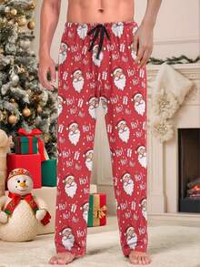 Men's Santa Claus Graphic Print Pajama Bottoms For Christmas, Autumn/Winter - Red and White - View 2