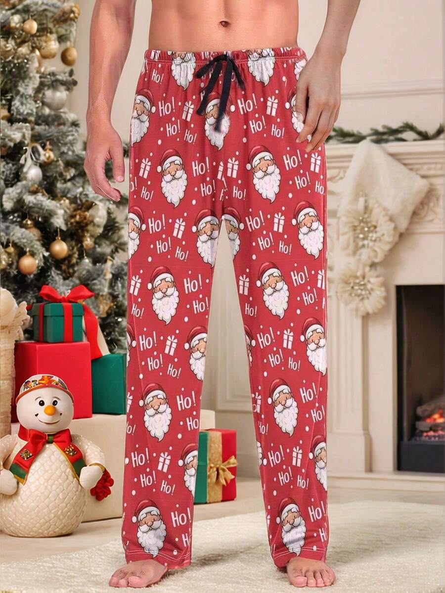 Men's Santa Claus Graphic Print Pajama Bottoms For Christmas, Autumn/Winter