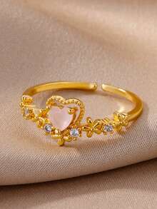 1枚粉色锆石心形戒指，女士款，18K镀金几何可调节开口戒指，婚礼美学情侣首饰，圣诞礼物 - 金黃色1 - 查看 15