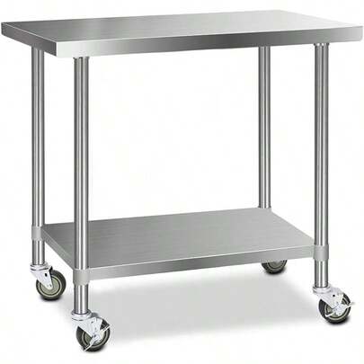 Stainless Steel Benches 1219x610mm Work Bench With Wheels And Adjustable Bottom Shelf 430  Kitchen Bench Work Table For Food Prep Home And Commercial Use
