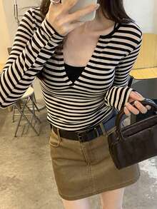 性感撞色条纹V领长袖打底衫，女士新款秋冬款 - 黑杏條紋 - 查看 2