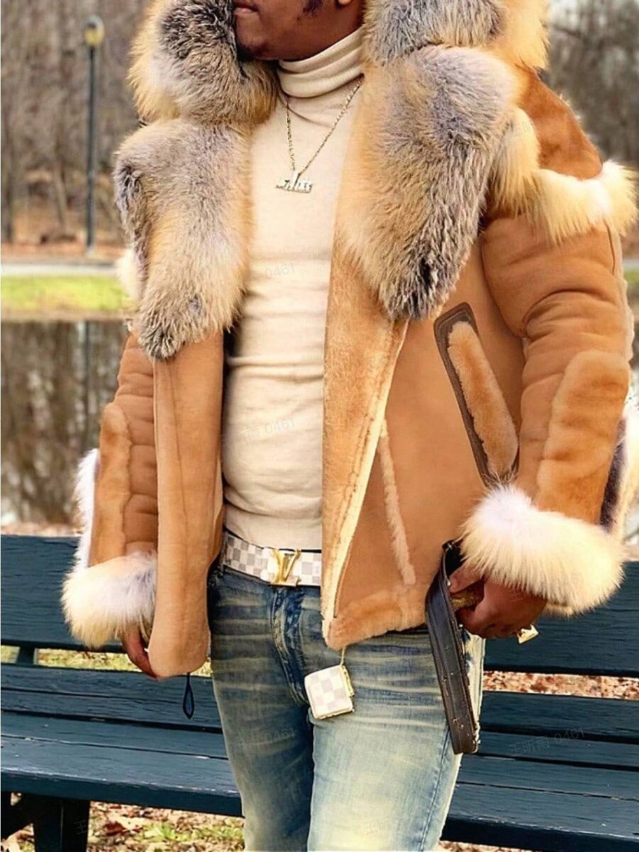 Men's Shearling Fur Coat With Faux Fox Fur Trim Warm Winter Bomber Jacket Suede Shell Sherpa Lined Streetwear Style For Cold Weather - 卡其色 - 查看 1