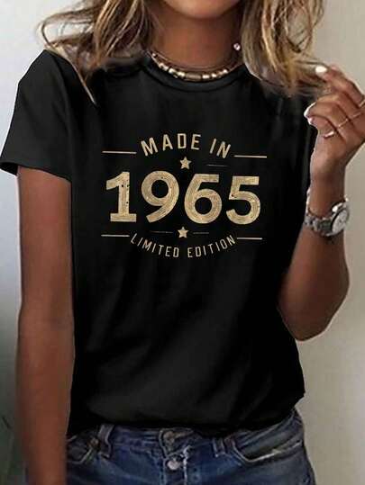CAMISETA DE DISEÑO VINTAGE IMPRESA HECHA EN 1965, TOP CASUAL DE MANGA CORTA CON CUELLO REDONDO PARA VERANO Y PRIMAVERA, ROPA DE MUJER