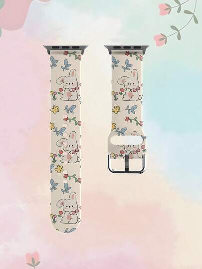 1pc Soft Elastic Breathable Replacement Watch Band With Floral And Rabbit Pattern, Suitable For Samsung, Honor Smartwatches, 38mm 40mm 41mm 42mm 46mm 45mm 44mm 49mm, Fashionable Casual Silicone Watch Strap For Apple Watch Ultra SE/11/10/9/8/7/6/5/4/3/2/1