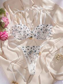 Women'S Sexy Lingerie Set With Double-Color Embroidered Lace Trim, Exotic And Very Sexy Underwear, Adult Novelty Wear, Mature Style, Random Print Pattern, Hollow Details, Lingerie Sets For Women, Lingerie Set With Garter, Exotic Bra, Purple Lingerie Set, Purple Lingerie - 白色 - 查看 3